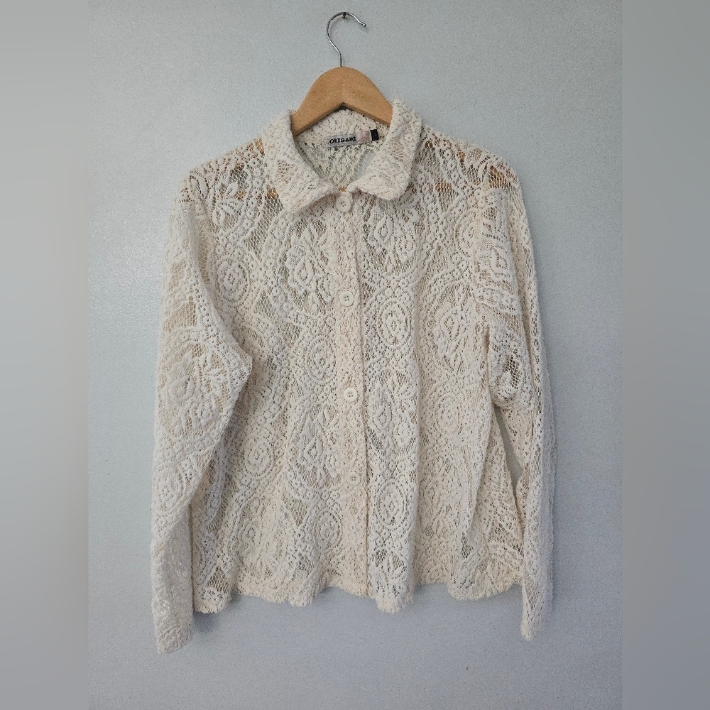 Origami Women's Cardigan Sweater Large Long Sleeve Crochet Lace Button Up Cream